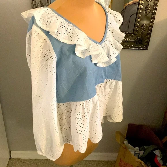 ROLLER RABBIT BLOUSE FROM ANTHROPOLOGY WHITE EYELET TRIM SIZE SMALL - Picture 3 of 5